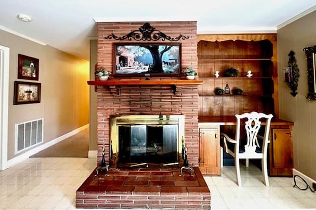 living room featuring crown molding, a brick fireplace, baseboards, and visible vents