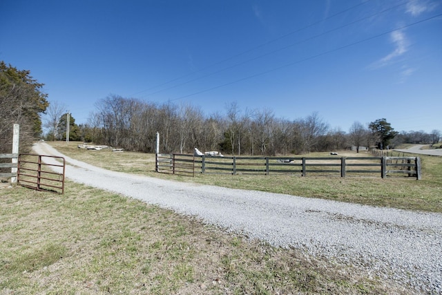 view of street with a rural view, gravel driveway, and a gated entry