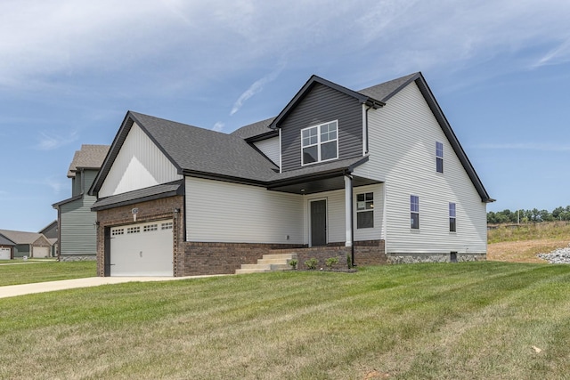 view of front of house with a front yard, an attached garage, brick siding, and driveway