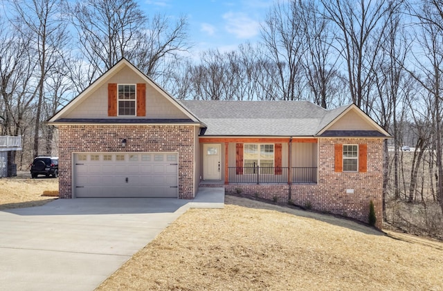 view of front of property featuring brick siding, a shingled roof, concrete driveway, covered porch, and a garage