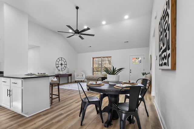 dining room with recessed lighting, baseboards, light wood finished floors, and ceiling fan