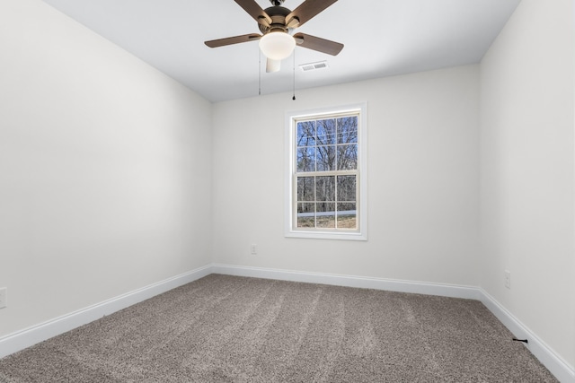 empty room featuring visible vents, baseboards, carpet, and a ceiling fan