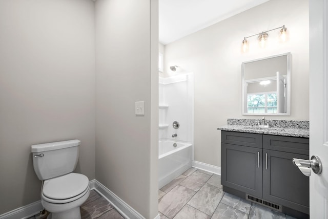 bathroom with vanity, baseboards, visible vents, toilet, and marble finish floor