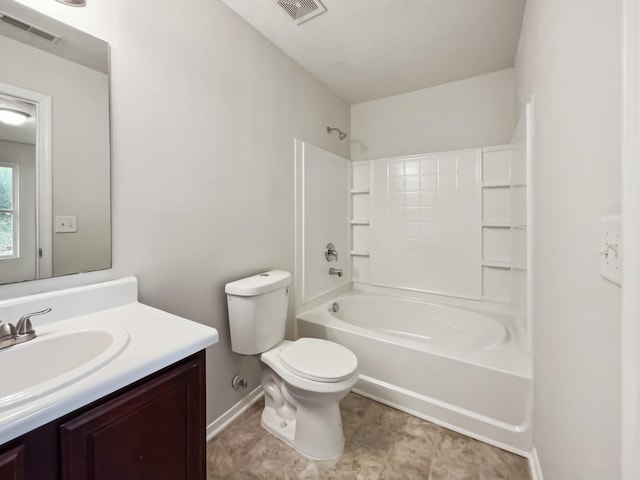 bathroom with visible vents, toilet, shower / washtub combination, and vanity