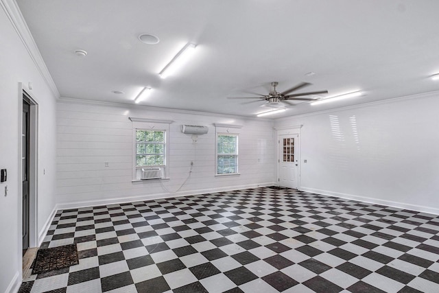 spare room featuring baseboards, ceiling fan, crown molding, and a wall mounted AC