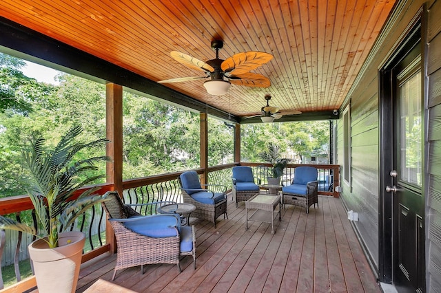 sunroom / solarium with wood ceiling and a ceiling fan