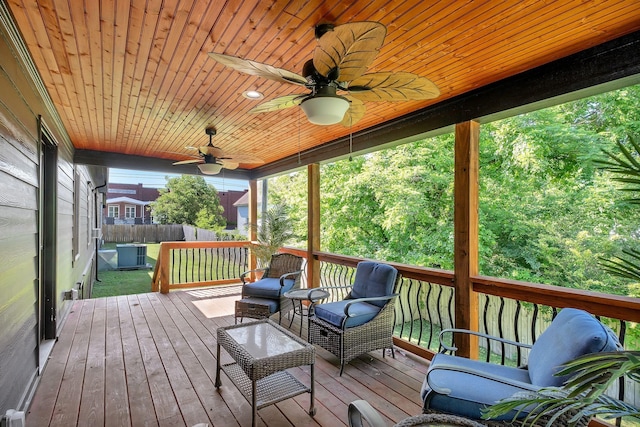 wooden terrace featuring ceiling fan and fence