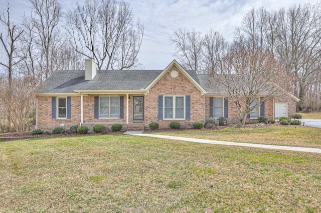 single story home featuring brick siding, a front lawn, roof with shingles, a chimney, and a garage