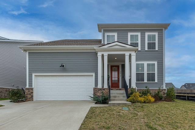 view of front of house featuring a front yard, brick siding, an attached garage, and driveway