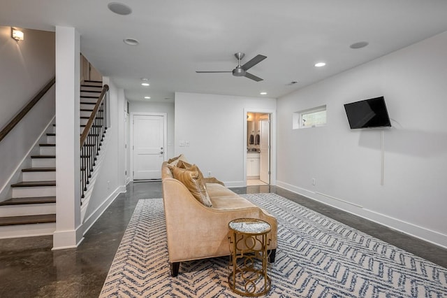 506B 36th Ave N, Nashville, TN 37209 - living room with concrete floors, baseboards, a ceiling fan, and recessed lighting
