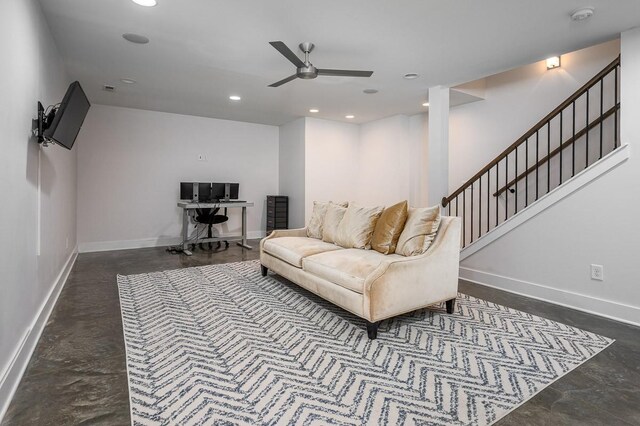 506B 36th Ave N, Nashville, TN 37209 - living room with ceiling fan, recessed lighting, baseboards, concrete flooring, and stairway