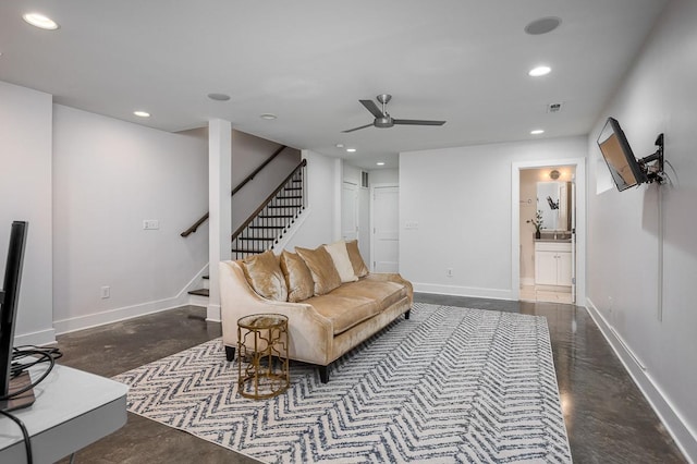 506B 36th Ave N, Nashville, TN 37209 - living room with concrete flooring, stairway, recessed lighting, a ceiling fan, and baseboards
