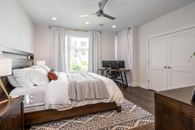 506B 36th Ave N, Nashville, TN 37209 - bedroom with dark wood-type flooring, recessed lighting, a ceiling fan, and baseboards