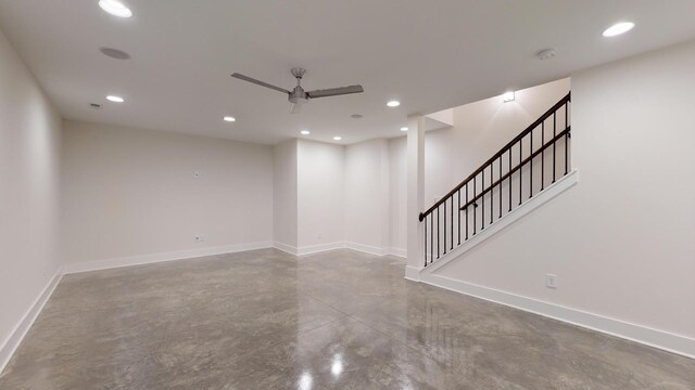 506B 36th Ave N, Nashville, TN 37209 - unfurnished living room featuring a ceiling fan, concrete flooring, baseboards, stairway, and recessed lighting
