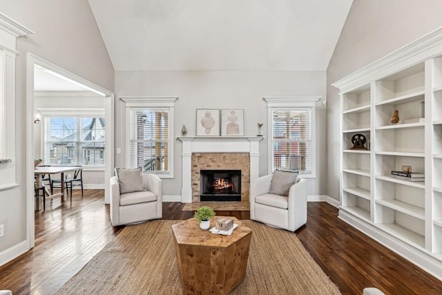 living room featuring a warm lit fireplace, lofted ceiling, and dark wood-style flooring