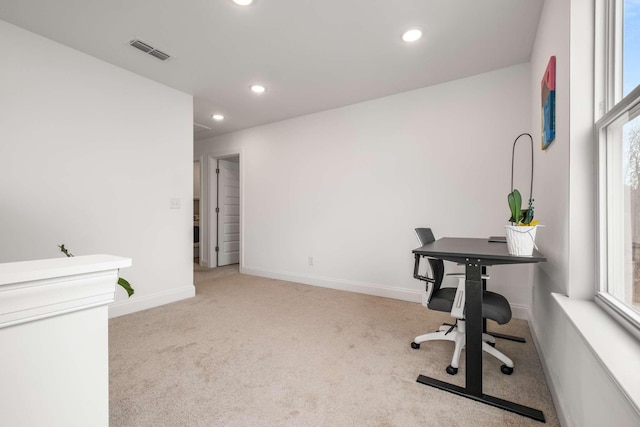 home office featuring recessed lighting, carpet, visible vents, and baseboards