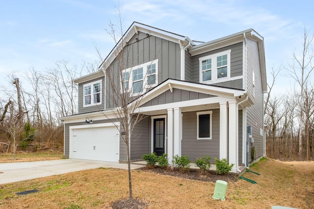 view of front of house with a porch, board and batten siding, concrete driveway, and an attached garage