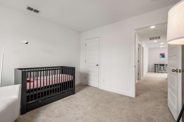 bedroom featuring recessed lighting, visible vents, carpet floors, and baseboards