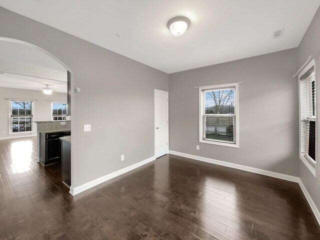 unfurnished room featuring plenty of natural light, baseboards, and dark wood-style flooring