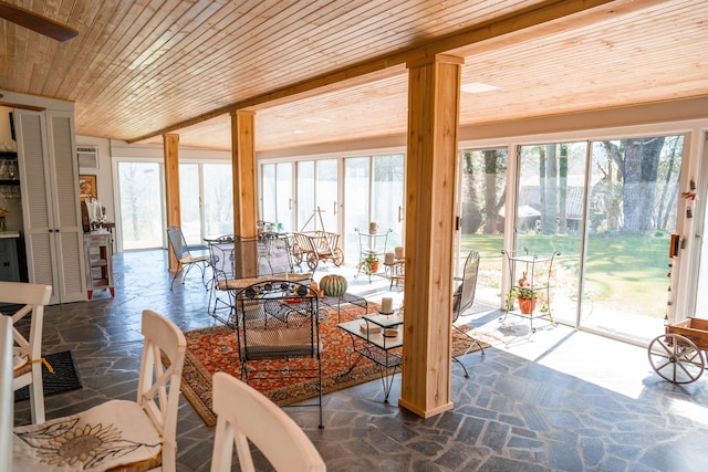 sunroom featuring wooden ceiling