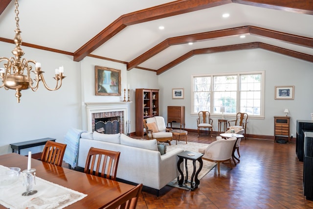 living room featuring baseboards, lofted ceiling with beams, recessed lighting, a fireplace, and an inviting chandelier