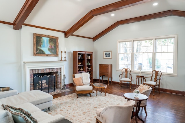 living room with lofted ceiling with beams, recessed lighting, a fireplace, and baseboards