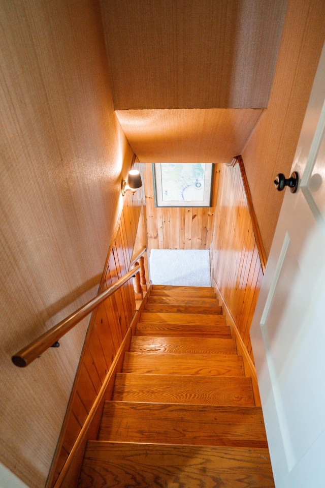 stairway with wood walls