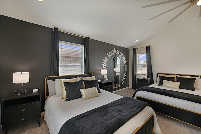 carpeted bedroom featuring lofted ceiling