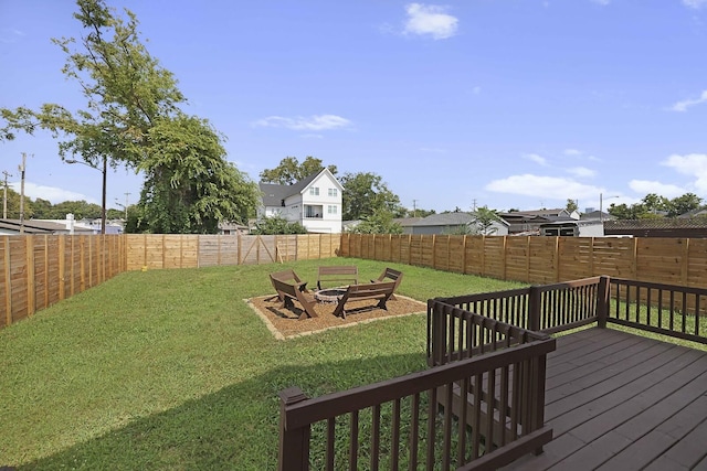 exterior space featuring a deck, a fenced backyard, and an outdoor fire pit