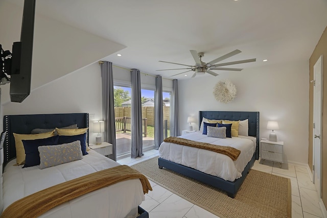 bedroom with a ceiling fan, access to outside, recessed lighting, and baseboards