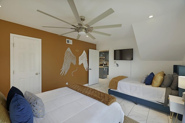 bedroom featuring recessed lighting, visible vents, marble finish floor, and a ceiling fan