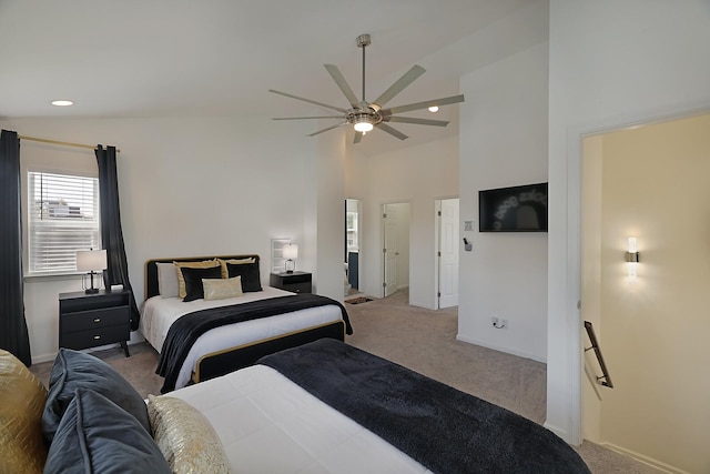 bedroom with recessed lighting, baseboards, carpet floors, and high vaulted ceiling