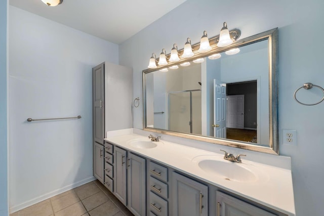 full bathroom with tile patterned flooring, a shower stall, double vanity, and a sink