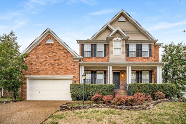 view of front facade featuring brick siding, covered porch, concrete driveway, and a garage