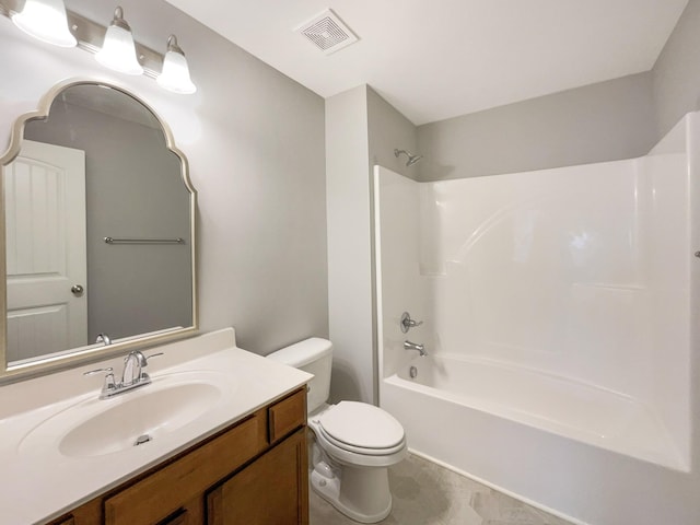 bathroom with vanity, shower / tub combination, toilet, and visible vents