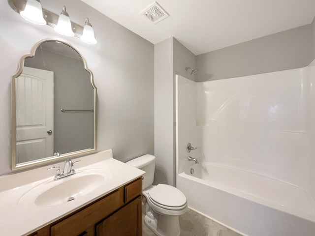 full bath featuring visible vents, toilet, vanity, and bathtub / shower combination