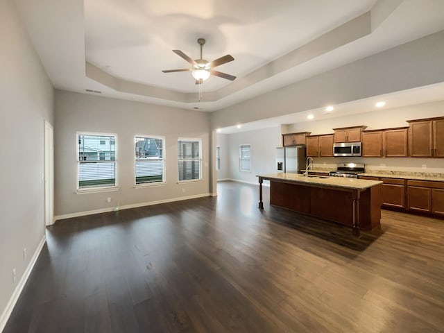 kitchen with open floor plan, a tray ceiling, appliances with stainless steel finishes, dark wood-style floors, and a sink