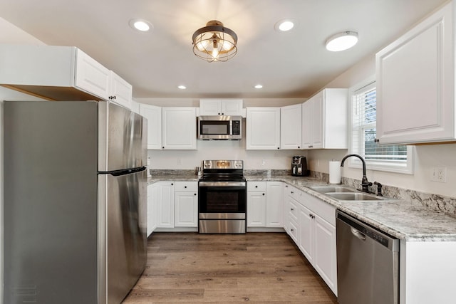 753 Theta Pike, Columbia, TN 38401 - kitchen featuring wood finished floors, white cabinets, stainless steel appliances, and a sink