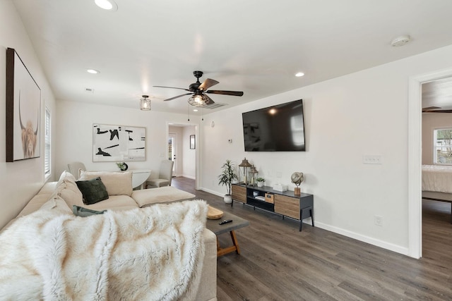 753 Theta Pike, Columbia, TN 38401 - living area with baseboards, dark wood-style floors, and a ceiling fan
