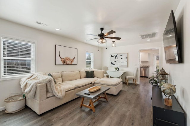 753 Theta Pike, Columbia, TN 38401 - living room featuring ceiling fan, visible vents, wood finished floors, and recessed lighting