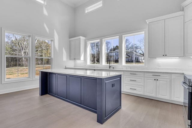 kitchen featuring light wood finished floors, white cabinets, a kitchen island, and a high ceiling