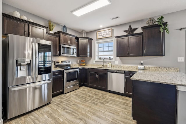 kitchen with visible vents, dark brown cabinetry, a peninsula, light wood-style floors, and stainless steel appliances