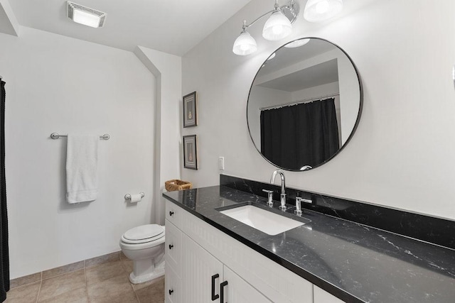 full bathroom with visible vents, baseboards, toilet, tile patterned floors, and vanity