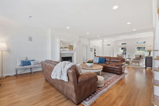 living area featuring crown molding, a fireplace, and light wood finished floors