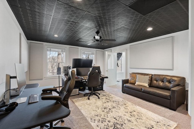 office area featuring recessed lighting, carpet, and ceiling fan