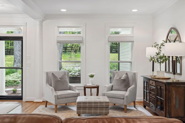 living area featuring crown molding, a healthy amount of sunlight, wood finished floors, and recessed lighting