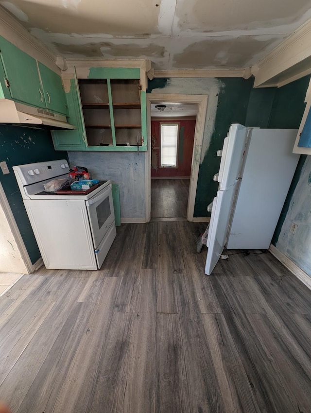 kitchen with green cabinets, baseboards, under cabinet range hood, dark wood-style floors, and white appliances