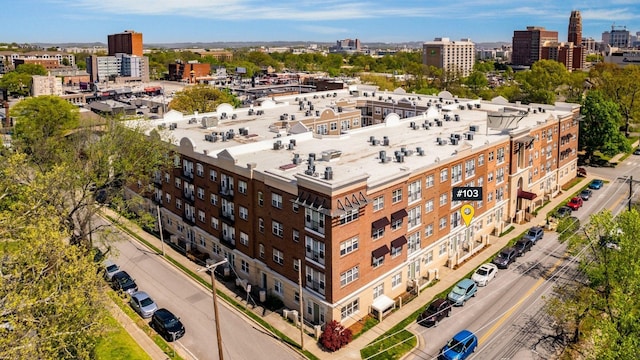 drone / aerial view with a city view