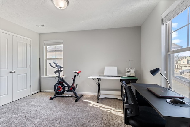 carpeted office with baseboards, plenty of natural light, and a textured ceiling