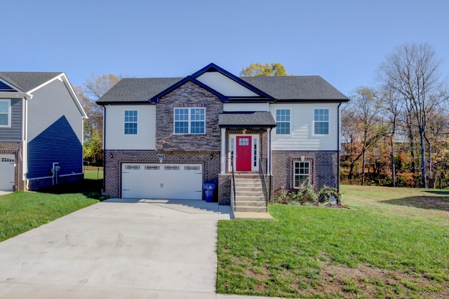 view of front of property featuring brick siding, a front yard, an attached garage, and driveway